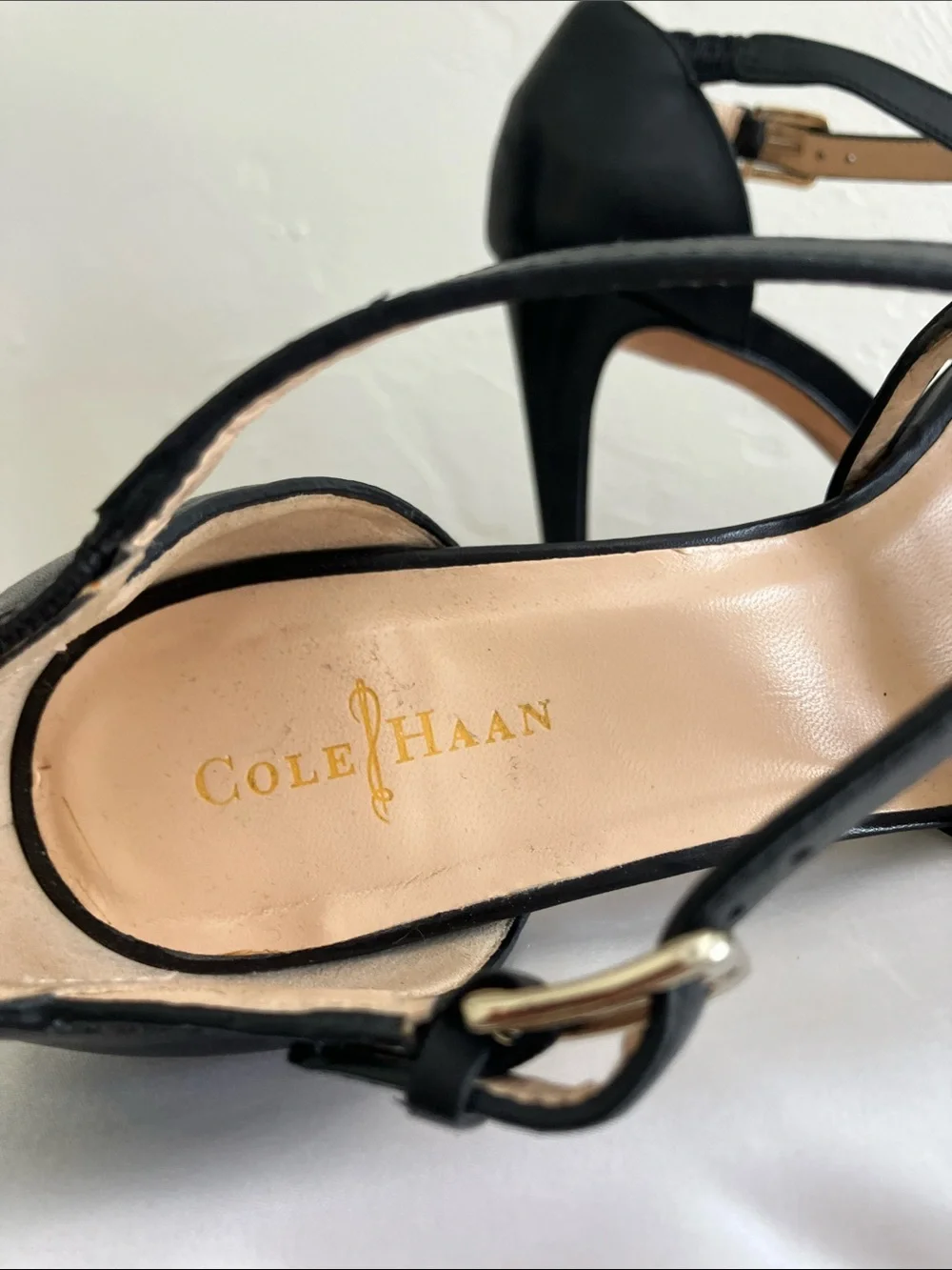 Cole Haan Black Leather Strappy High Heel Sandals with Gold Buckles